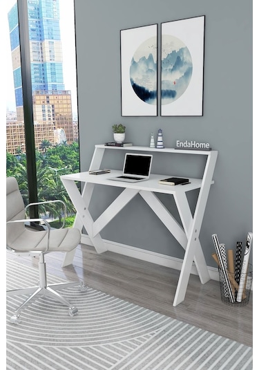 Enda Home X Ayaklı Raflı Ders Çalışma Masası 50x90 Cm Beyaz