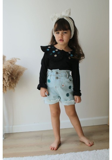 Kız Çocuk Papatya Nakış Kot Şort Bady Tarz Takım 001