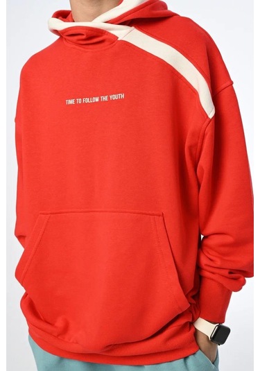 Çocuk 2 İplik Kumaş Pamuklu Sırtı Yazı Detaylı Kapüşonlu Tasarım Sweatshirt-13541 Kırmızı