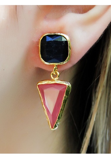 Kare Üçgen Modelli Kedigözü Cam Gold Kaplamalı Kadın Küpe Euku24sp Pembe