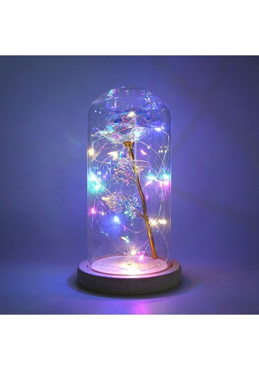 Vkemall Renkli Led Işıklı Cam Kapaklı Altın Folyo Gül Dekoratif Ayna, Oda Dekoru Ve Gece Lambası, Ahşap Tabanlı, 20 Led Işık, Pil Gerektirir Pil Dahil Değil Renkli