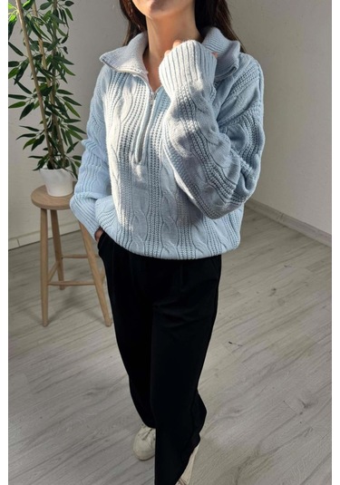 Explode - Kadın Mavi Fermuarlı Yaka Oversize Örgülü Triko Kazak Mavi