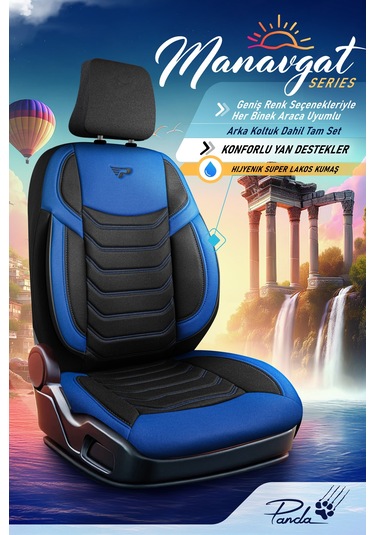 Siyah - Mavi Garni Panda Manavgat Serısı Lakos Kumaş Oto Koltuk Kılıfı - Tam Set