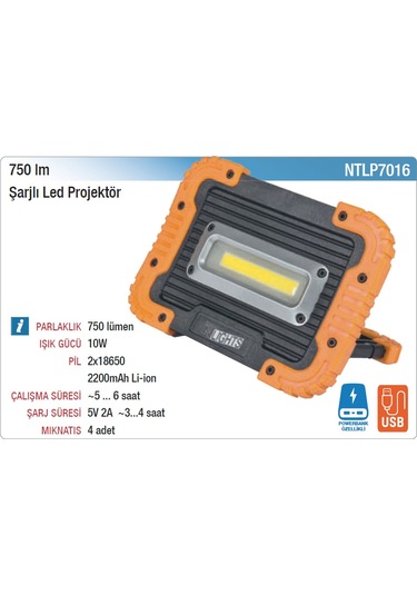 Nt Tools Ntlp7016 Şarjlı Led Projektör 750 Lümen Sarı - Siyah