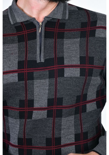 Kamalı Erkek Çelik Örgü Oduncu Desenli Gömlek Yaka Fermuarlı Polo Yakalı Tüylenmez Triko Kışlık Baba Kazak Gri