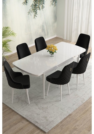 Meri Serisi Beyaz 80x132 Açılabilir Mdf Masa Yemek Odası Takımı, Mutfak Masa Takımı 6 Adet Sandalye Siyah Meri Serisi Beyaz 80x132 Açılabilir Mdf Masa Yemek Odası Takımı, Mutfak Masa Takımı 6 Adet Sandalye Siyah