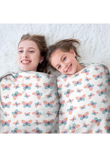 Kelebek Desenli 60 İnç Yuvarlak Flanel Battaniye, Yumuşak, Hafif, Ev Seyahat Butterfly Cartoon White