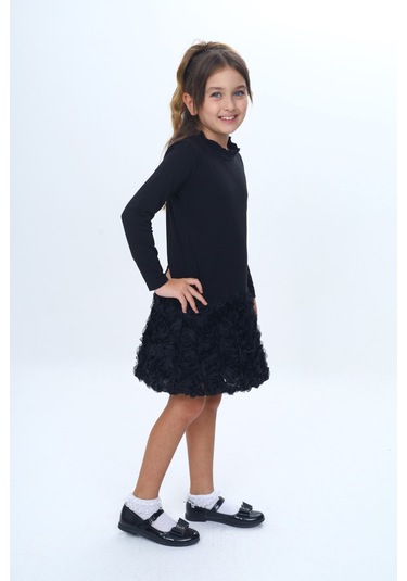 Toontoy Kız Çocuk Yaka Fırfır Etek 3d Güllü Elbise Siyah