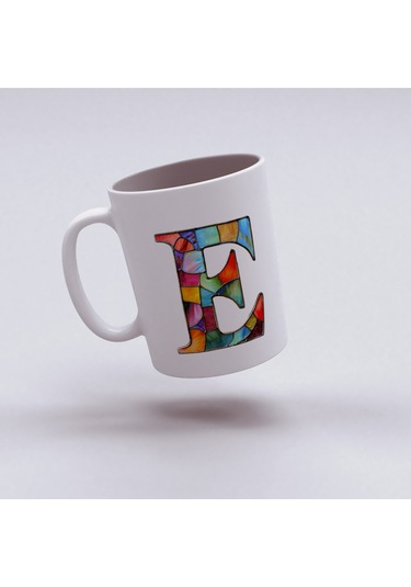 E Harfi Bardak 330 Ml İsme/harfe Özel Hediye, Renkli Harf Tasarım Beyaz