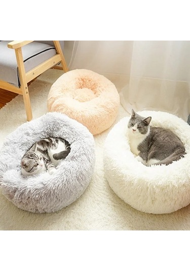 Fochsia Kayısı Tarzı 40cm Yuvarlak Kedi Yatağı - %100 Pamuklu Uzun Peluş - Ev Yumuşak Evcil Hayvan Yatağı