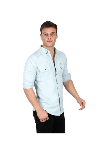 Deepsea Erkek Mint Yeşili Fitilli Çıtçıtlı Kot Gömlek 300421 Mint