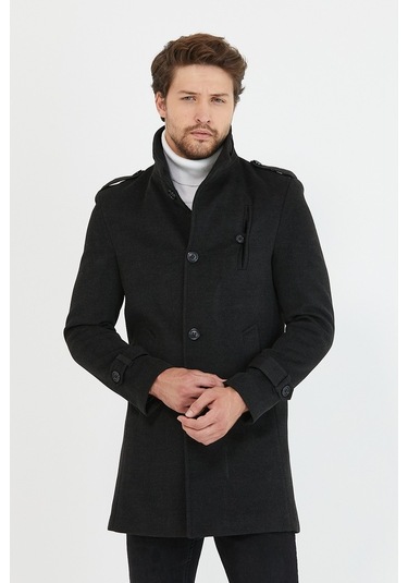 Erkek Antrasit Dar Kesim Dik Yaka Uzun Kaşe Kaban-Antrasit