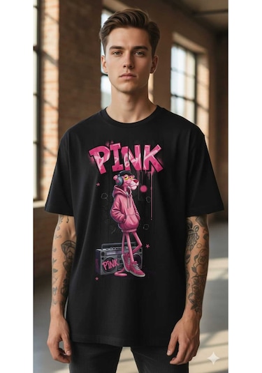 Pembe Panter Baskılı Oversize Erkek Pamuklu T-shirt Siyah