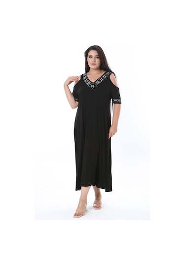 Kadın Büyük Beden Siyah Taş Detaylı Omuz Dekolteli Elbise 65n38315-siyah Siyah