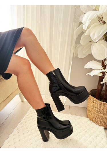 Asmi Shoes Kadın Latina 12 Cm Platform Topuklu Fermuarlı Bot Siyah Rugan Siyah
