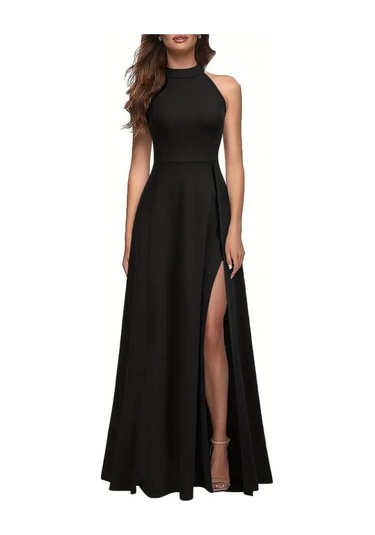 Ahes Shopping Kadın Halter Yaka Derin Yırtmaç Detaylı Tam Boy Ithal Krep Abiye Elbise Siyah