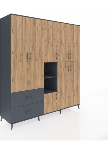 Kronos Dolap 12 Raflı 2 Çekmeceli Tek Askılı 220x59x243 Antrasit-çam/antrasit Atlas Çam/antrasıt