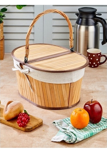 Morponi Bambu Piknik Sepeti Oval Alg Kahverengi