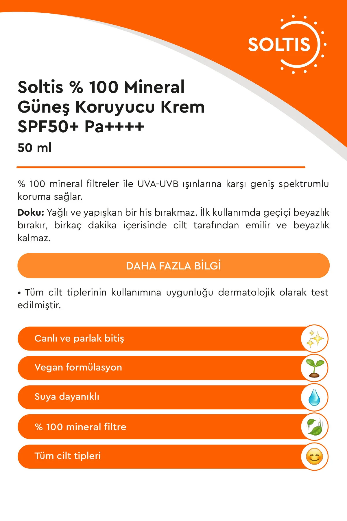 Soltis %100 Mineral Güneş Koruyucu Krem Spf 50+ Pa++++, 50 Ml