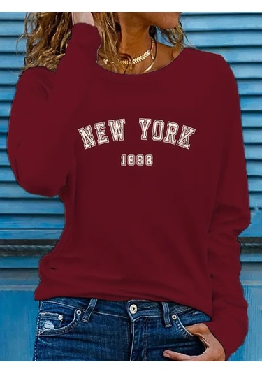 Kadın Uzun Kollu Bisiklet Yaka Yazı Baskılı Viskon Bluz Bordo