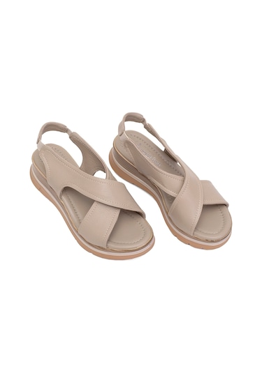 Elit Koc25-62 Kadın Hakiki Deri Dolgu Topuk Sandalet Bej Bej