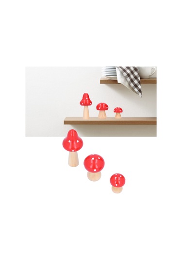Konesam Kırmızı Ahşap Mantar Dekoratif Süs 3'lü Set - Ev, Ofis, Çalışma Odası Dekoru - Doğal, Dayanıklı Ve Hediye Uygun