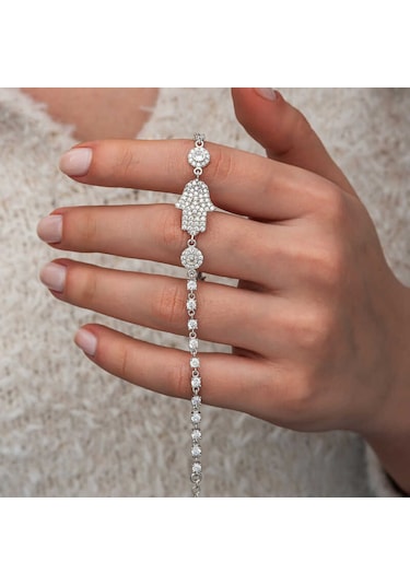 Artsmagazinmücevher Gümüş Zirkon Taşlı Fatma Ana Eli Kadın Bileklik