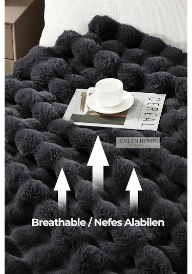 Evlen Home Kürk Yatak Örtüsü Çift Kişilik Dolgulu Peluş Yumuşak Çift Taraflı Yorgan 3 Parça Loria Antrasit Füme Antrasit