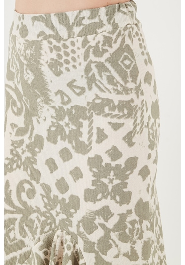 Lela Regular Fit Desenli Yüksek Bel Volanlı Midi Boy Yırtmaçlı Bayan Etek 5869013 Olive