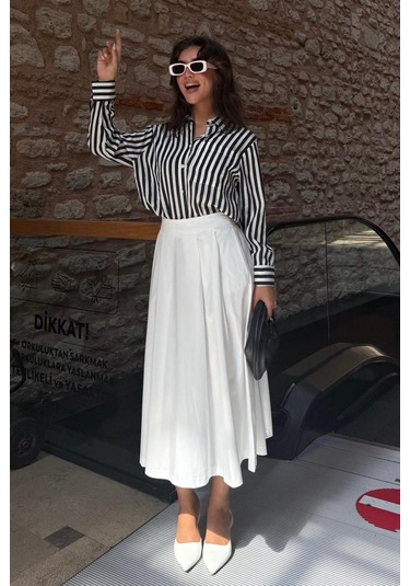 Beyaz Pileli Cepli Kadın Midi Boy Etek Mg2536 Beyaz