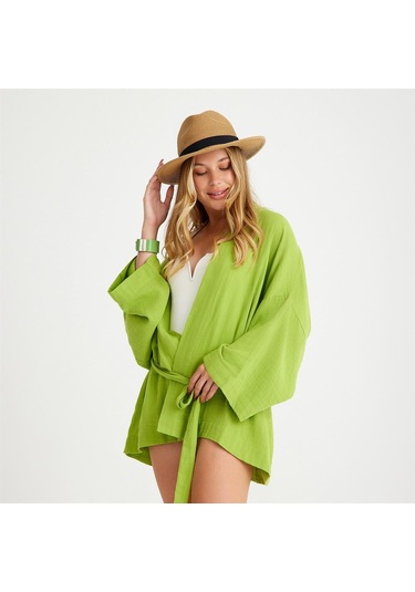 Miespiga Pamuklu Dokuma Beli Kuşaklı Mini Kadın Kimono Kaftan - Standart Yeşil