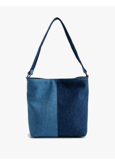 Koton Saplı Fermuarlı Renk Bloklu Denim Tote Çanta Multıcolor 5sak30061aa Mavi