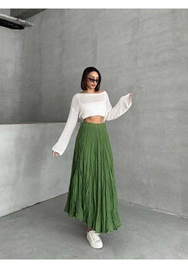 Kadın Buruşuk Modal Dokulu Soft Uzun Etek Yeşil