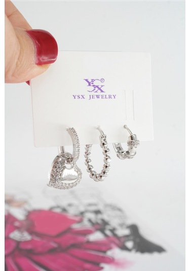 By Zeyna Aksesuar Kadın Vip Seri Baget Zirkon Taşlı 3'lü Küpe Seti-4278 Gümüş