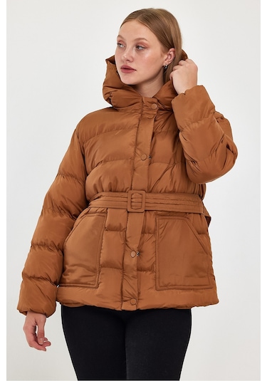 Alisse-kadın Taba Kapüşonlu Kemerli Şişme Mont Kaban Taba