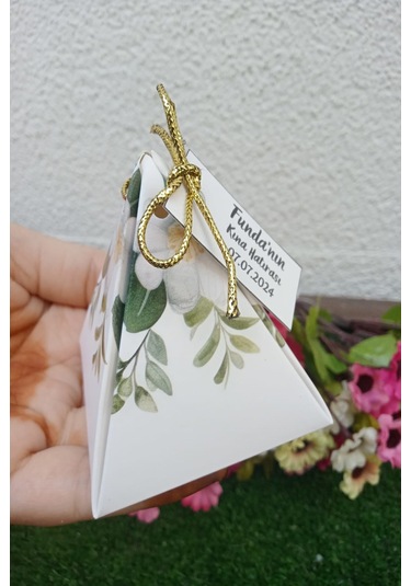 30 Adet Gold İpli Yeşil Çiçekli Piramit Kutu - Kına Hediye Kutu