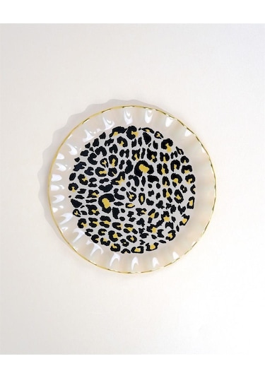 Glore Leopar Wavy Altın Yaldızlı 6 Kişilik Cam Pasta Tabağı Takımı 25098