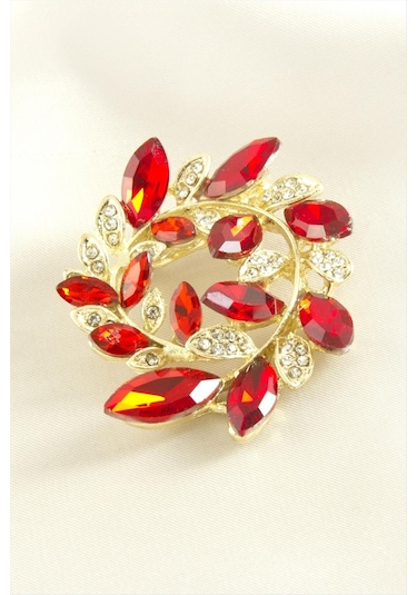 Ilkeshop Yaprak Kristal Taşlı Broş - Kırmızı Diğer