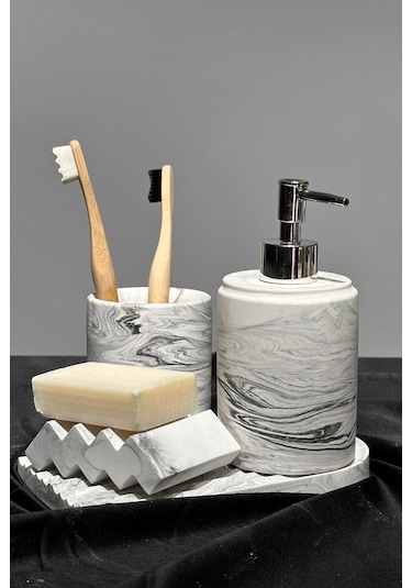 Betonmall 4 Parça Mermer Desenli Beton Banyo Seti Katı Ve Sıvı Sabunluk Diş Fırçalık Sunum Tepsisi Siyah Beyaz Siyah - Beyaz