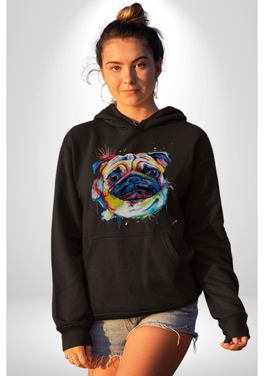 Sulu Boya Pug Köpek Kadın Erkek Siyah Kapüşonlu Sweatshirt Hoodie Siyah