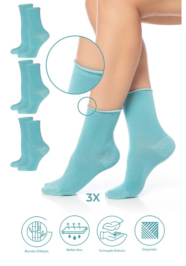 Bambu Kadın Lastiksiz Su Yeşili Soket Dikişsiz Premium Çorap 3'lü Su Yeşili