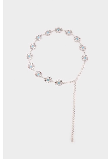 Defacto Kadın Mavi Taşlı Çiçekli Silver Bel Zinciri G0110axnssr4 Gri