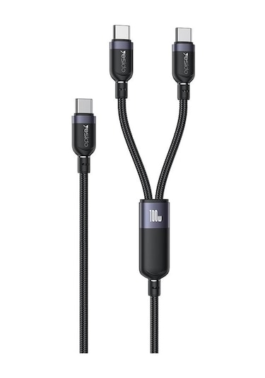 Yesido Ca92 100w 5a Usb-c / Tip-c Çift Tip-c 2 İn 1 Şarj Kablosu, Uzunluk: 1.2m Siyah
