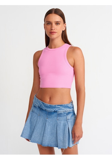 Dilvin Dikiş Efektli Crop Top Pembe