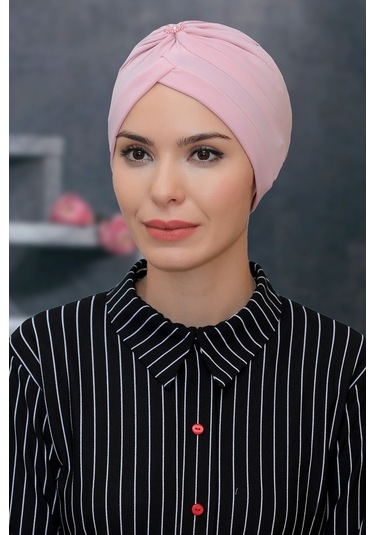 Pudra Pratik Hazır Geçmeli Tesettür Bone Sandy Kumaş Taçlı Büzgül (545490228) Pudra