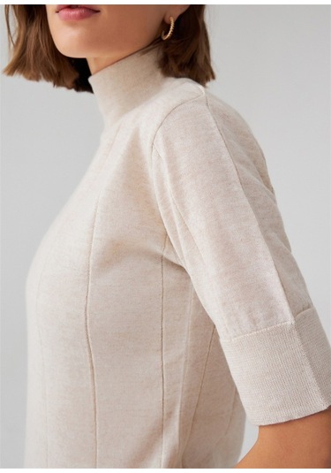 Peraluna Balıkçı Yaka Kısa Kollu İnce Basic Kadın Triko Bluz Ekru-Ekru