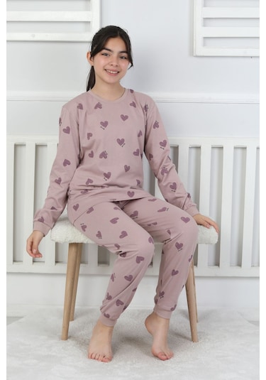 Lavanta Renkli Kalp Desenli Kız Çocuk Pijama Takımı Mor