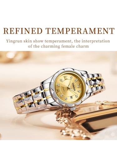 Yashıdun 5064 Şık Kadın Kuvars İzle Çelik Kayış Aydınlık Takvim Bilek Saati - Altın Kadran / Gümüş + Altın Kayış