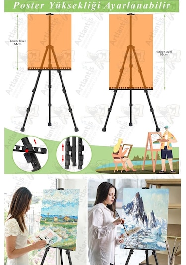 Metal Şövale 1 Adet Siyah Teleskopik Ayaklı Çantalı Resim Şövale Portatif Ayarlanabilir Tripod Üç Ayaklı Alümünyum