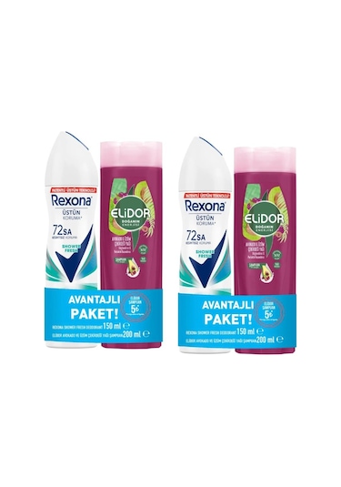 Rexona Shower Fresh Kadın Sprey Deodorant 2 x 150 ML + Elidor Avakado & Üzüm Çekirdeği Yağı Şampuan 2 x 200 ML